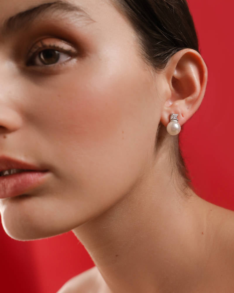 Pearl Earrings and Zirconia 9mm Omega Clasp Selene