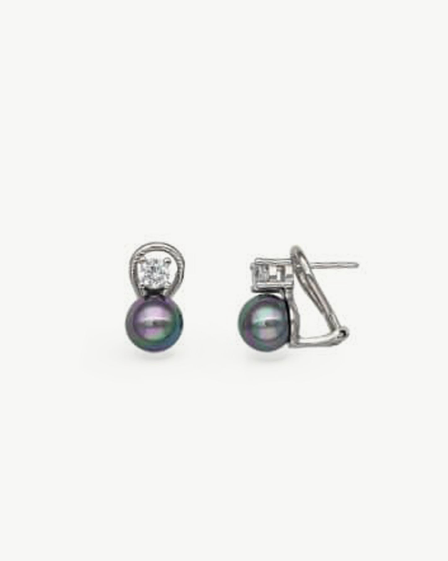Pearl Earrings and Zirconia Gray 8mm Omega Clasp Selene