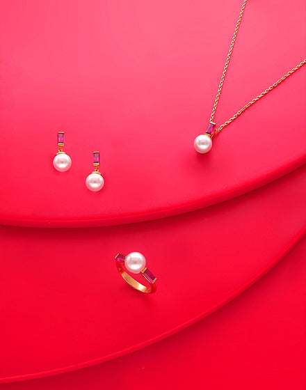 Pearl Earrings 8mm and Ruby Red Zirconia Golden Selene