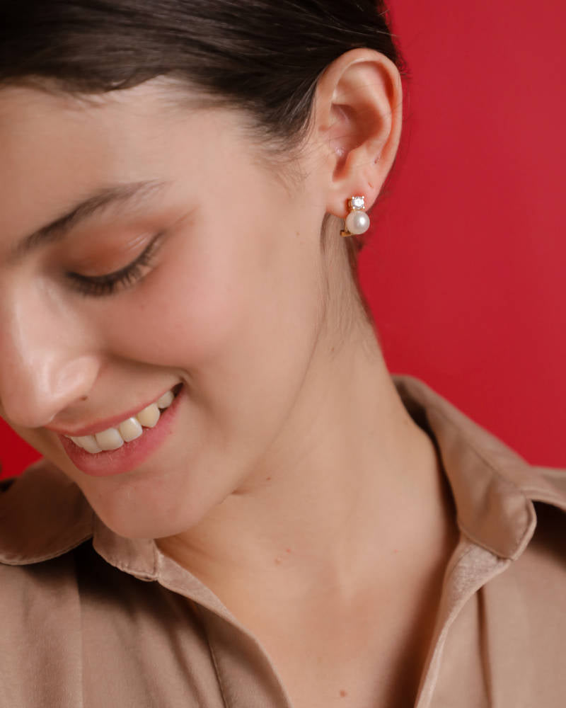 Pearl Earrings and Zirconia Golden 8mm Omega Clasp Selene