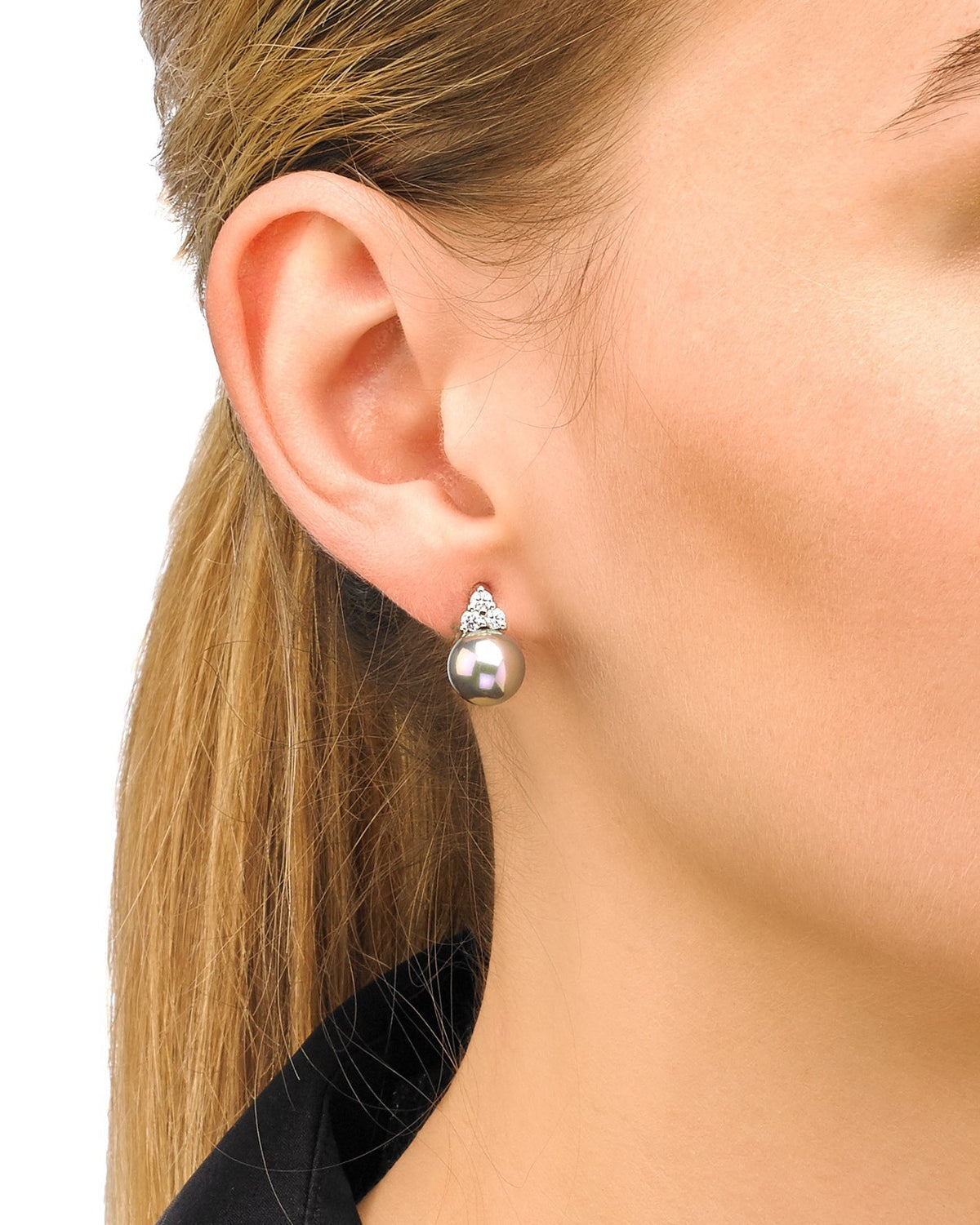 10 mm graue Perle und 3 Zirkonia Ohrringe Selene