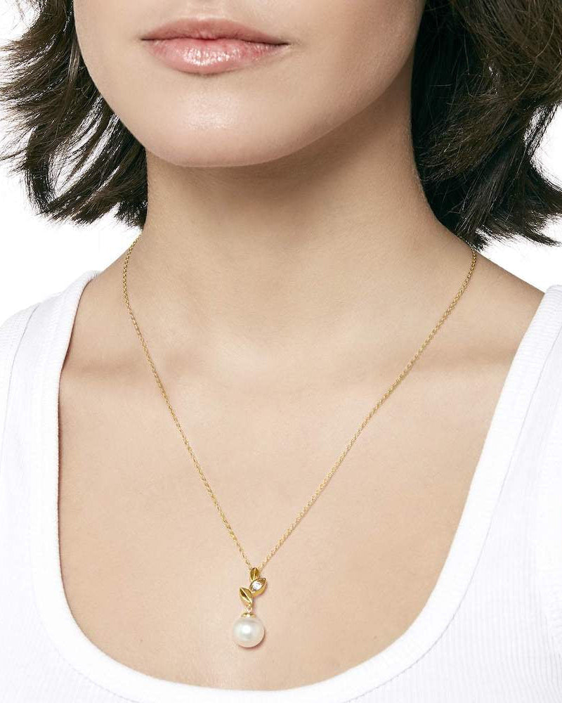 Leaf Necklace with Pearl 10mm and Zirconia Gold Selene