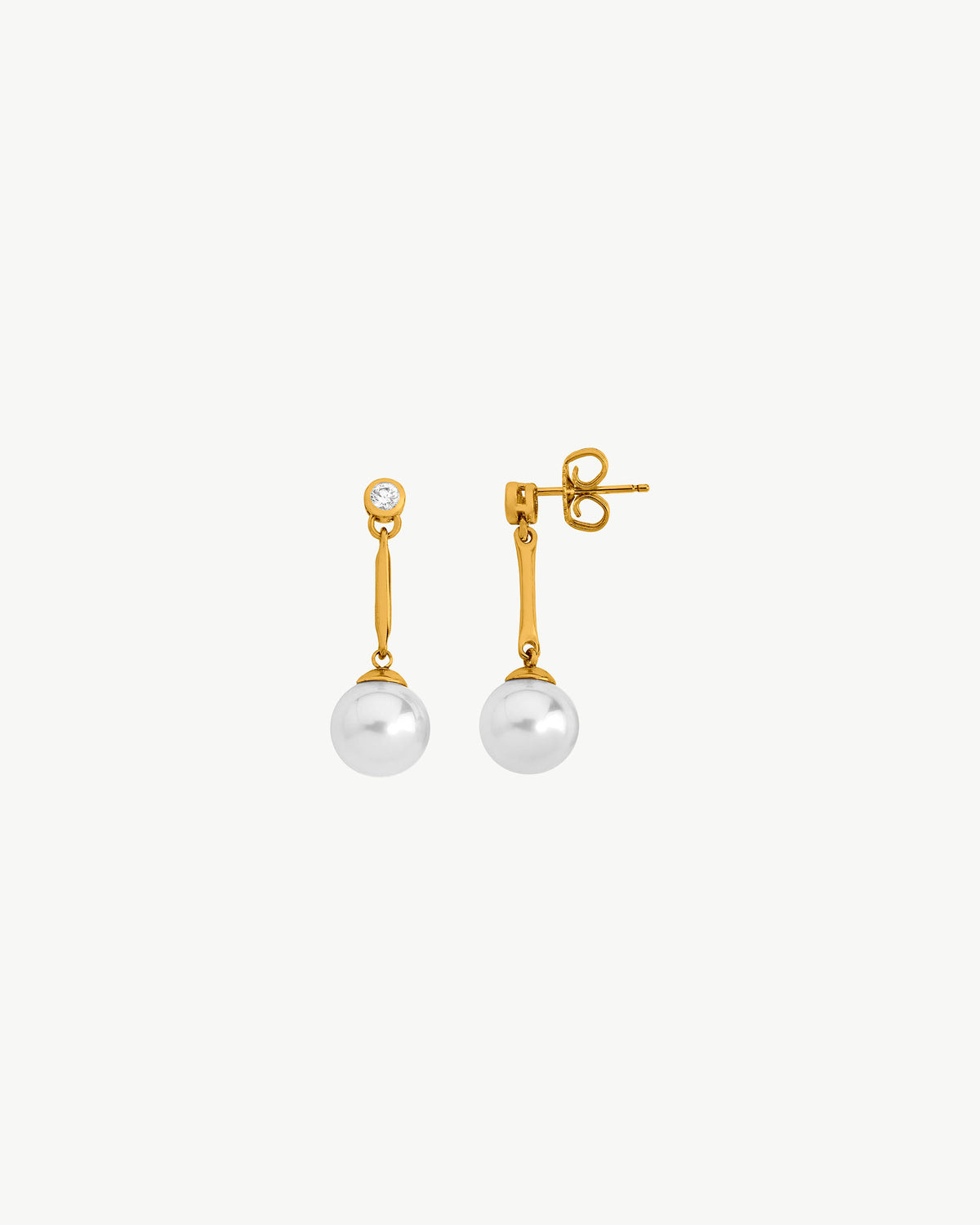 Lange Ohrringe mit 10 mm Perlen und goldenen Zirkonia Selene