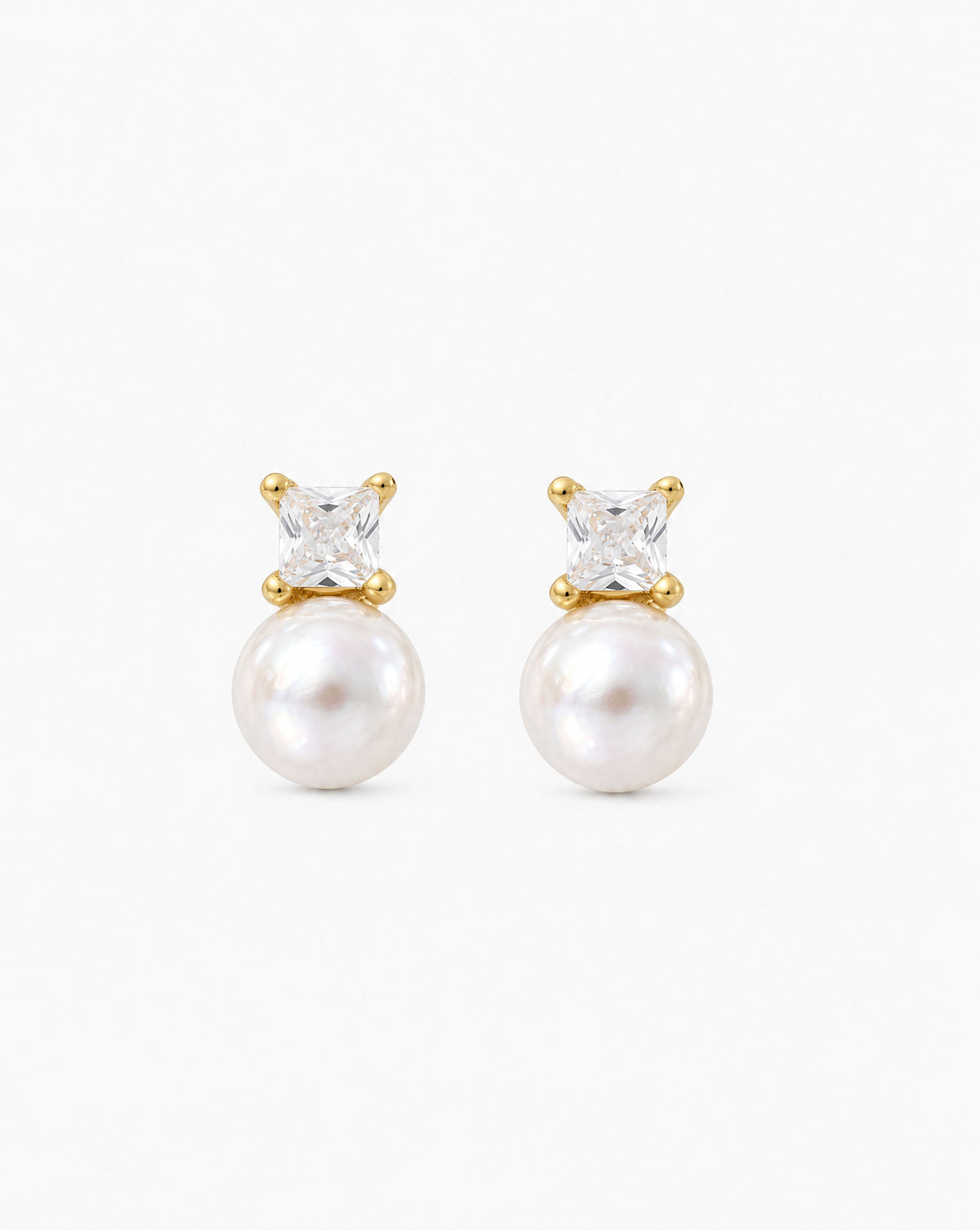 Pearl Earrings 8mm Golden with Square Zirconia Selene