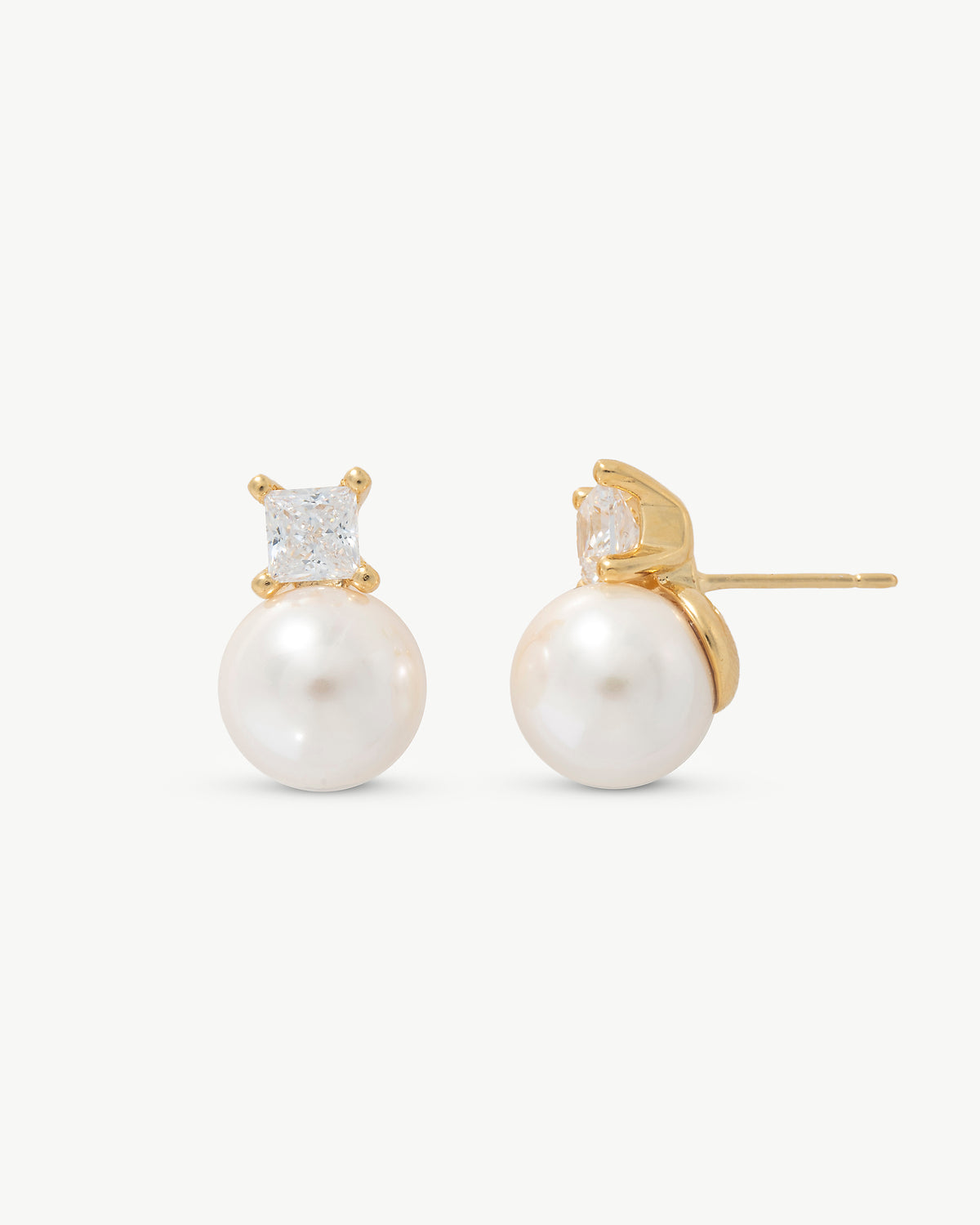 Pearl Stud Earrings 10mm Golden with Square Zirconia Selene
