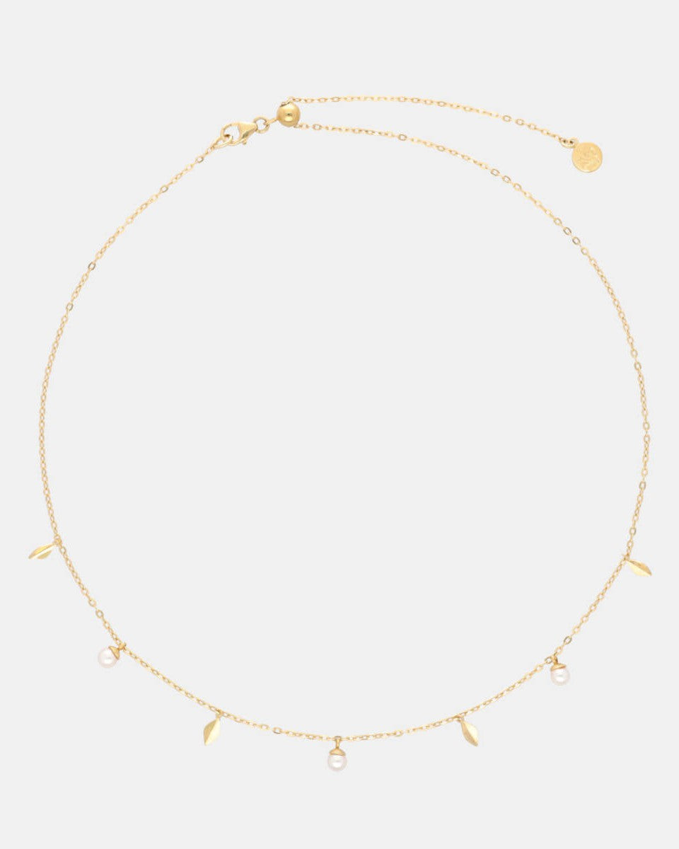 Verstellbare Halskette Blätter und Perlen 4mm Gold Romea