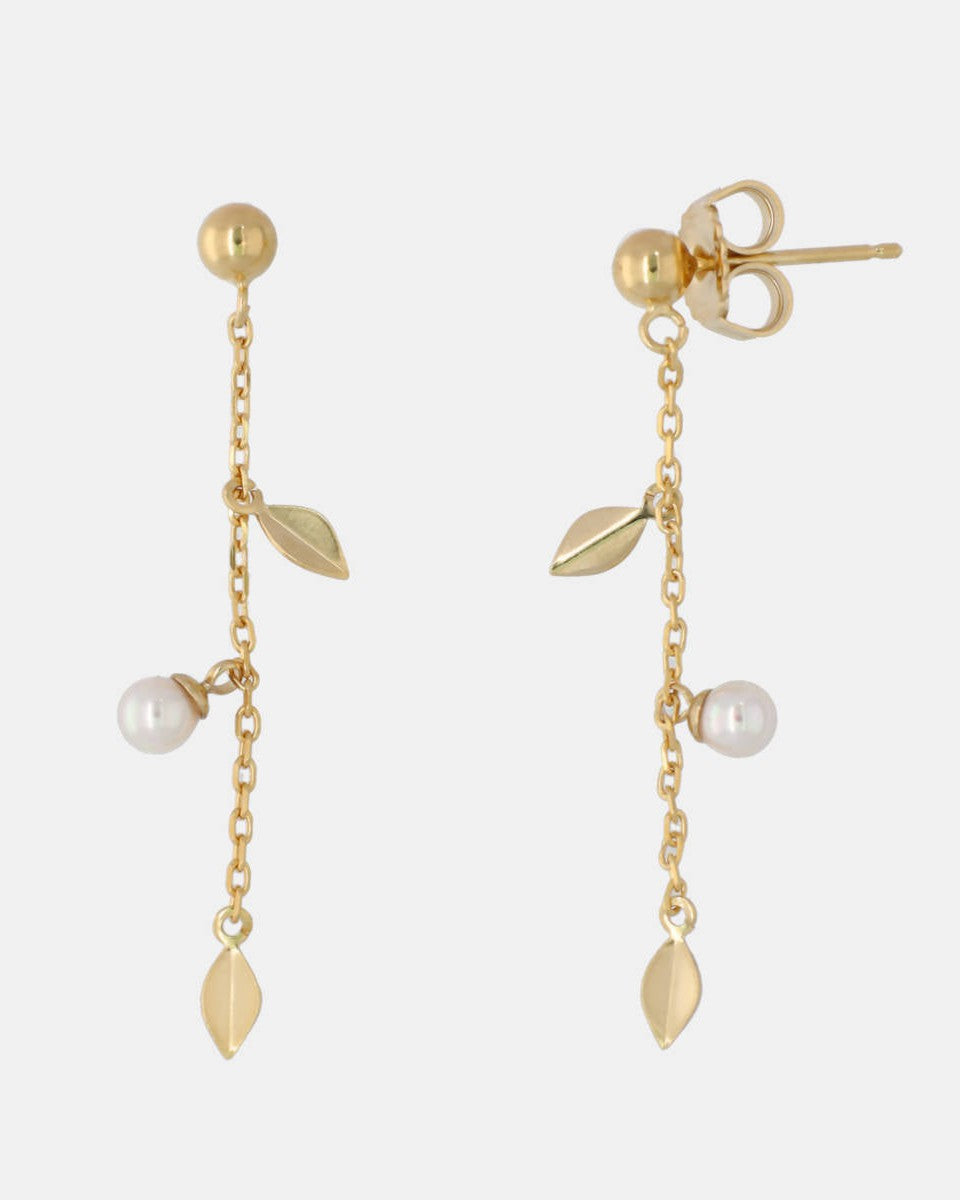 Leaf and Pearl Earrings 4mm Golden Romea