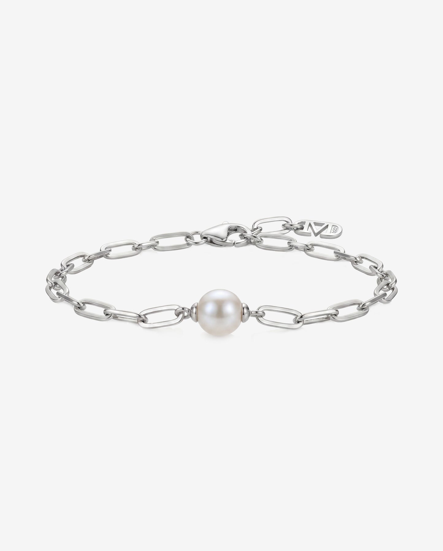 Armband Silber Glieder und weiße Perle 10mm. Links
