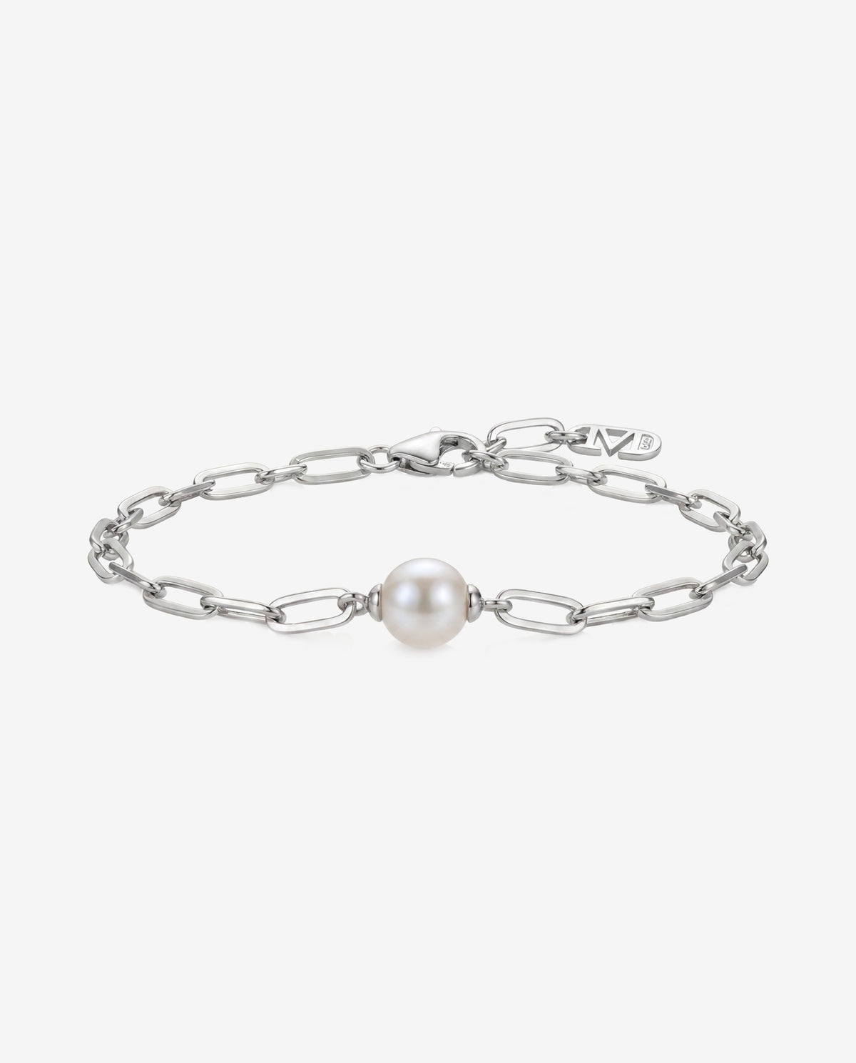 Armband Silber Glieder und weiße Perle 10mm. Links
