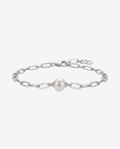 Armband Silber Glieder und weiße Perle 10mm. Links