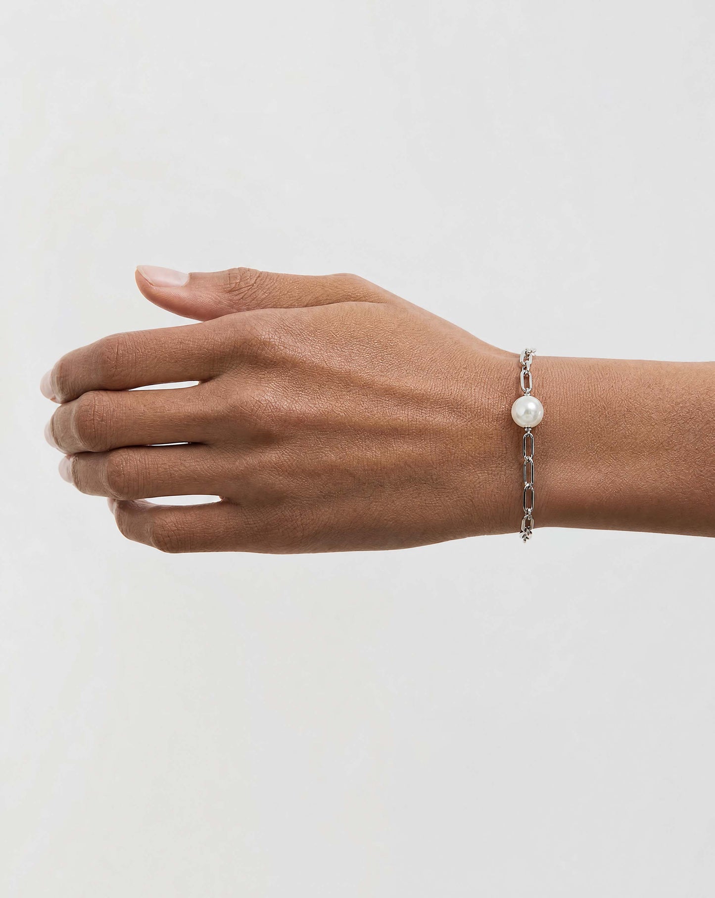 Armband Silber Glieder und weiße Perle 10mm. Links