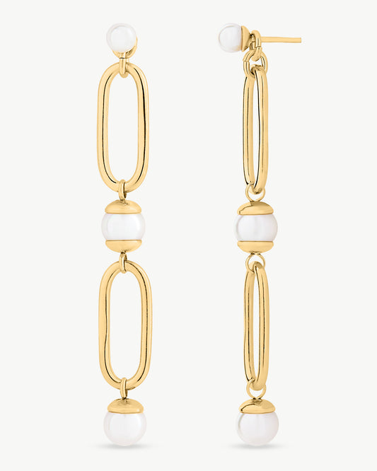 Earrings Long Gold Link and Pearl Links
