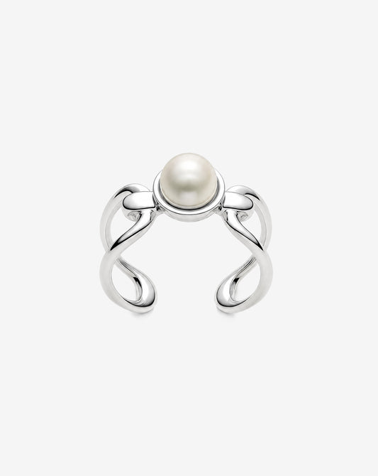 Open Silver Ring with Pearl Links 