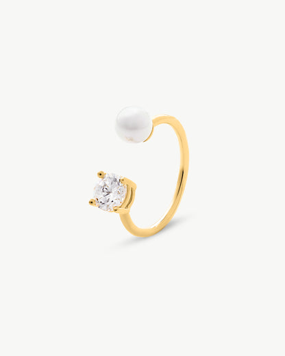 Open Pearl and Zirconia Ring Gold Zirconia