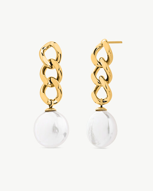  Pearl Earrings Gold Chain and Oval Puffy Pearls