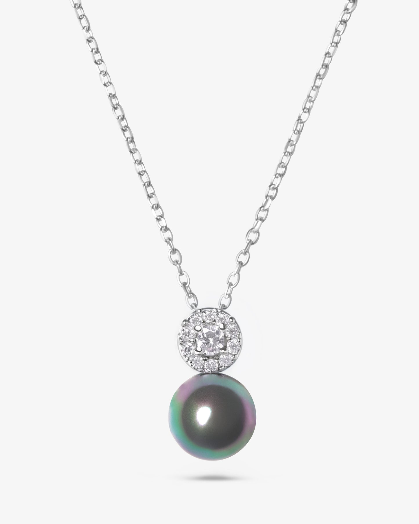 Silver necklace with zircon rosette and grey pearl Exquisite