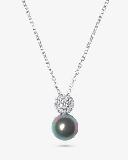 Silver necklace with zircon rosette and grey pearl Exquisite