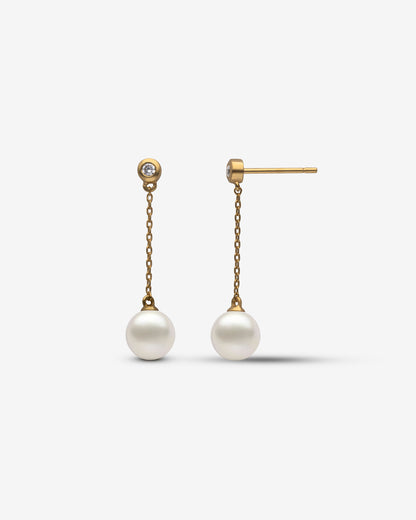 Pendientes largos Oro, Diamante y Perla Gold