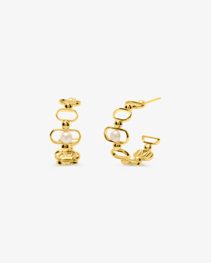 Pendientes de aro en plata bañada en oro 18k con perla y logo Libre