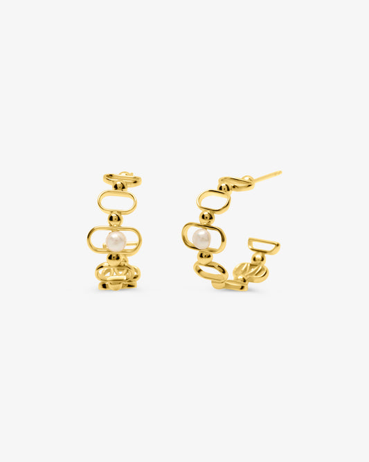 Pendientes de aro en plata bañada en oro 18k con perla y logo Libre