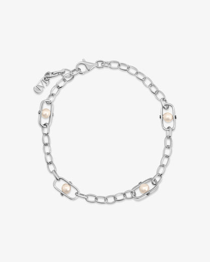Pulsera de eslabones en plata con perlas y logo Libre