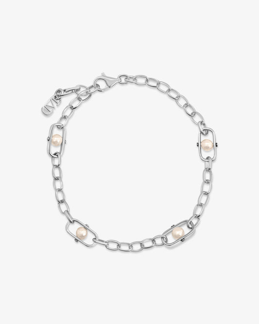Pulsera de eslabones en plata con perlas y logo Libre
