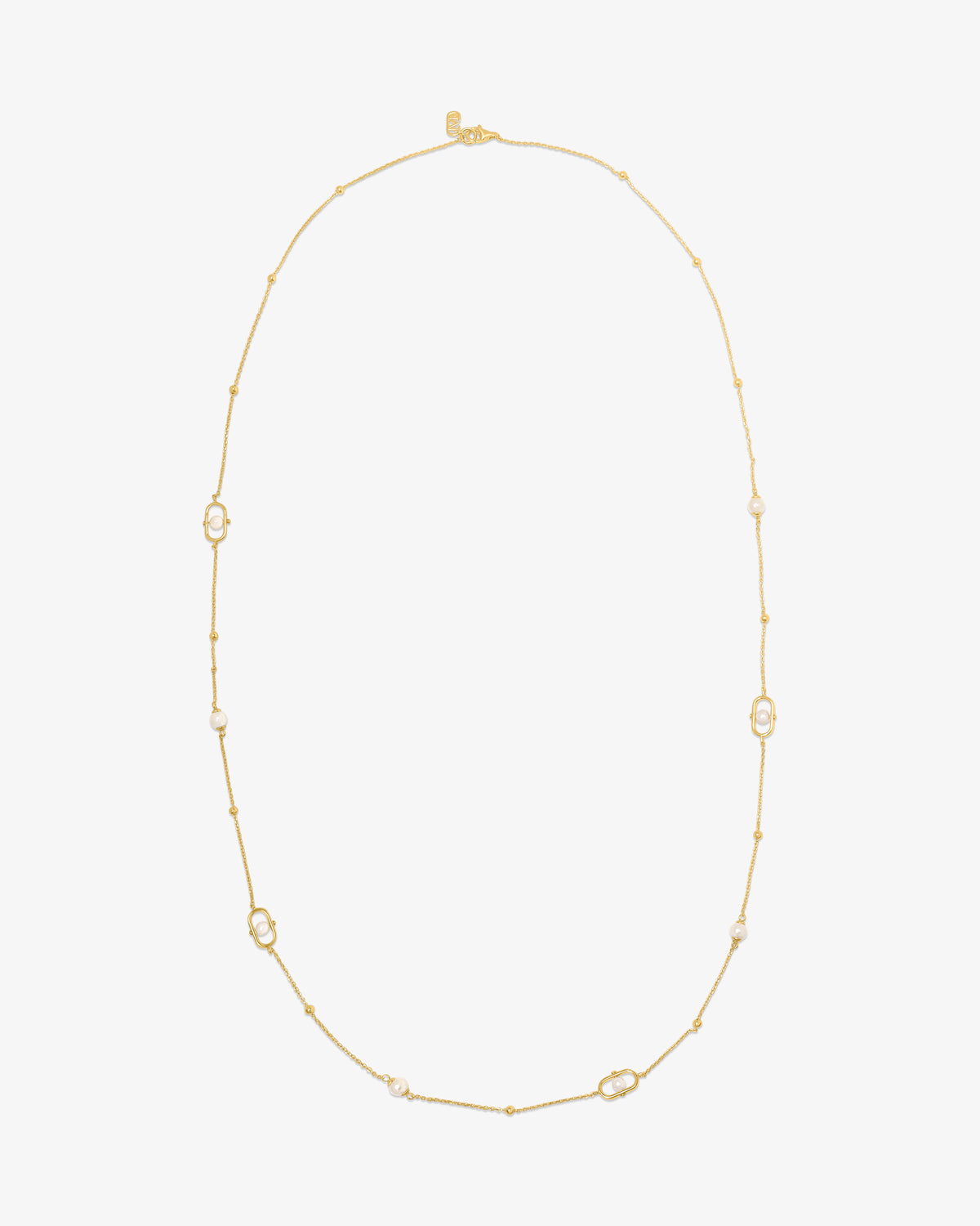 Lange Halskette aus 18 Karat vergoldetem Sterlingsilber mit Perlen und Logo Libre