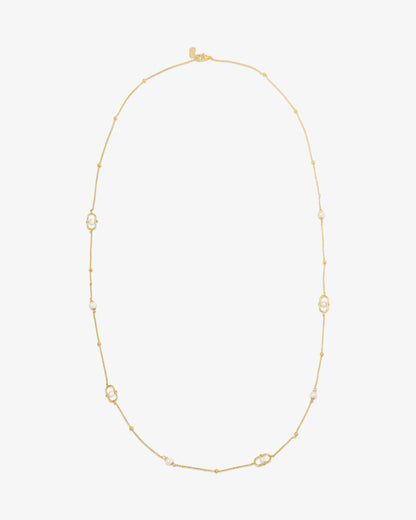 Lange Halskette aus 18 Karat vergoldetem Sterlingsilber mit Perlen und Logo Libre
