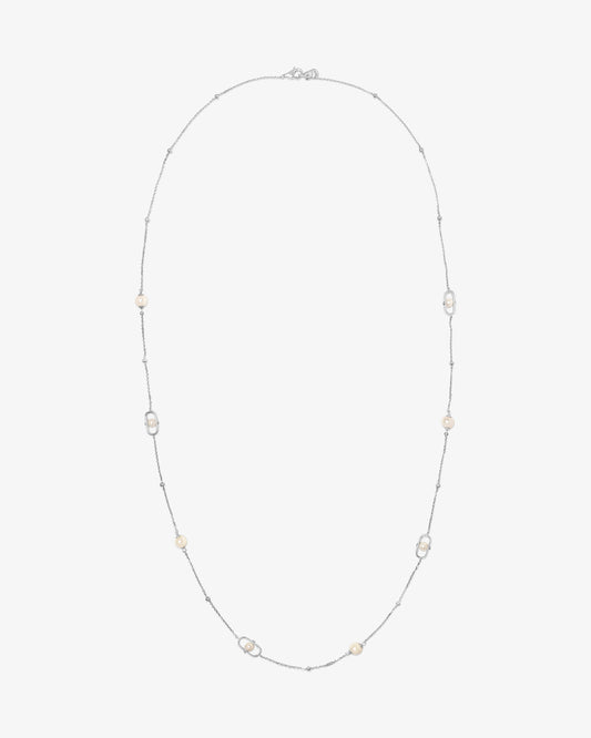 Collar largo en plata con perlas y logo Libre