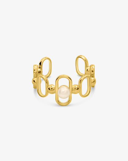 Anillo en plata bañada en oro 18k con perla y logo Libre
