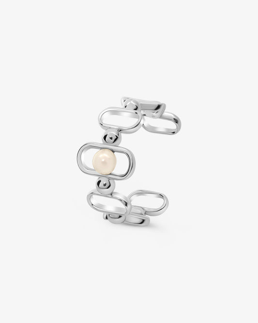 Anillo en plata con perla y logo Libre