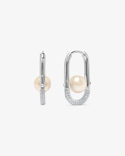 Pendientes de aro en plata con perla de 8mm y un detalle de circonitas Libre