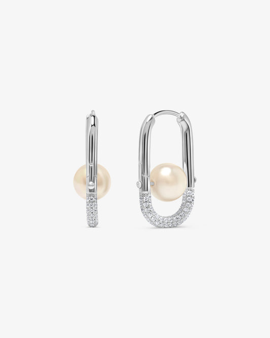 Silver hoop earrings with 8mm pearl and a zirconia detail, Libre