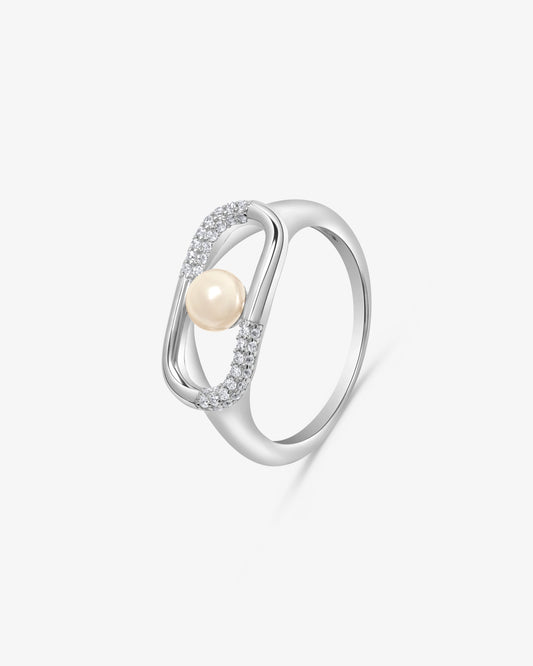 Silver ring with 5mm pearl and double cubic zirconia detail Libre