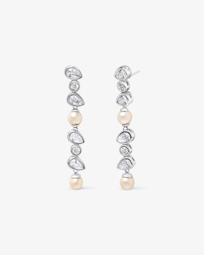 Pendientes largos de plata con perlas y circonitas Nova