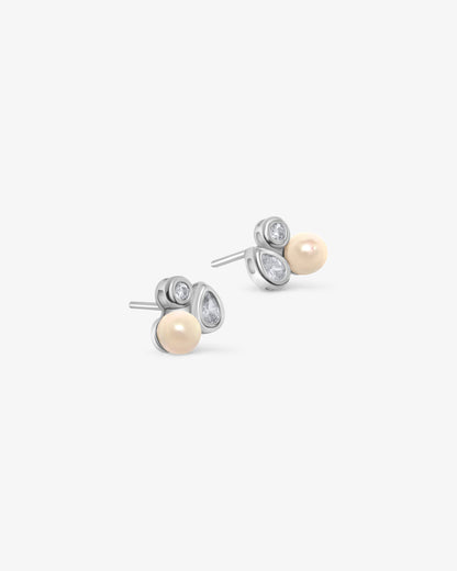 Pendientes cortos de plata con perla y circonitas Nova