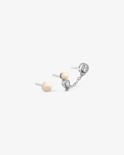 Pendiente doble  de plata con cadena  con perla y circonitas Nova