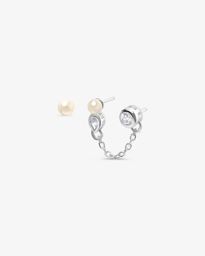 Pendiente doble  de plata con cadena  con perla y circonitas Nova