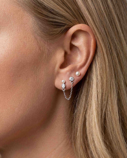 Pendiente doble  de plata con cadena  con perla y circonitas Nova