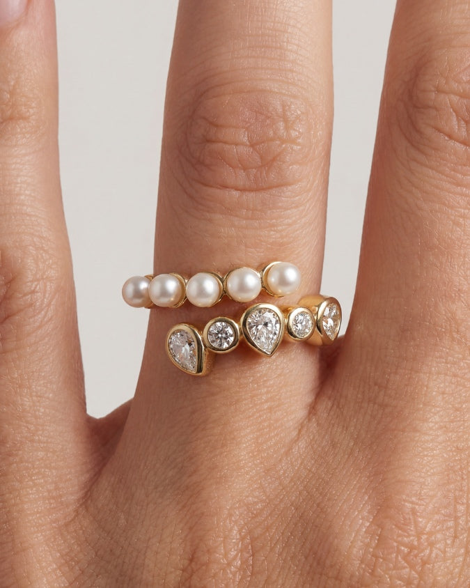 Ring with Zirconia and Pearls Double-Band Nova 