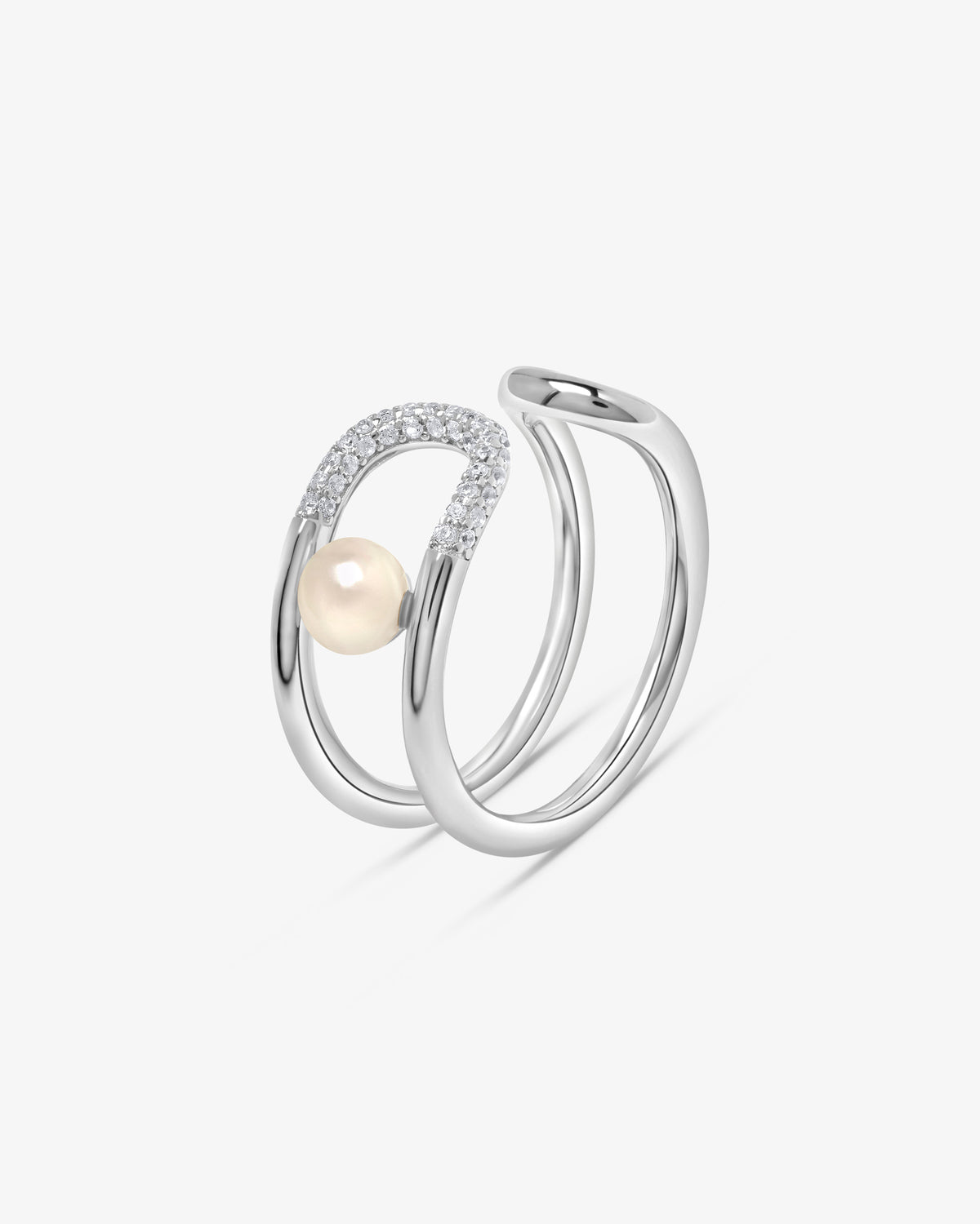 Open sterling silver ring with a half-pearl and a zircon detail, Libre