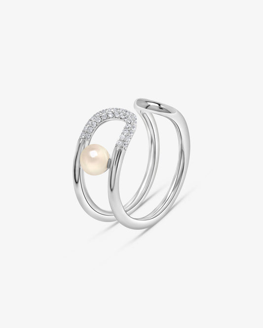 Open sterling silver ring with a half-pearl and a zircon detail, Libre