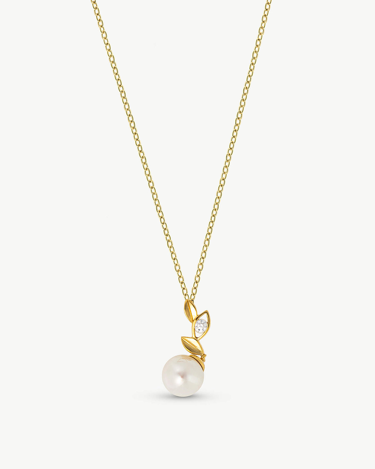 Blattkette mit 10mm Perle und Zirkonia Gold Selene