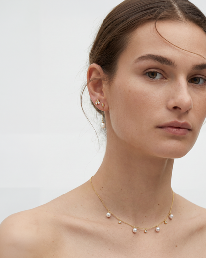 Pendientes largos Oro, Diamante y Perla Gold