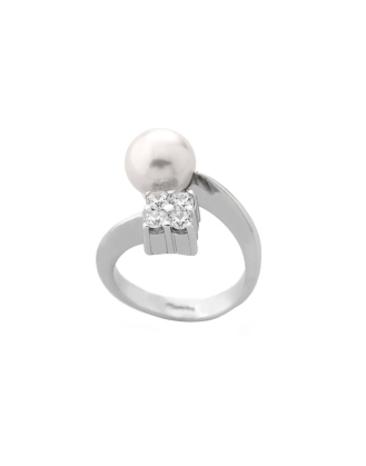 Silver open ring Selene 9mm white pearl and zircons
