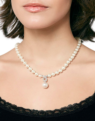 Silver pearl necklace Lilit with zircons 8mm 43cm