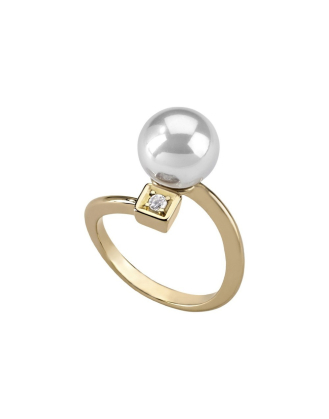Gold-plated ring Selene with 10mm white pearl and zircon