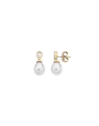 Earrings Selene gold plated with 8mm tear white pearl and zircons