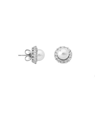 Earrings Mood silver with 8mm white pearl and zircons