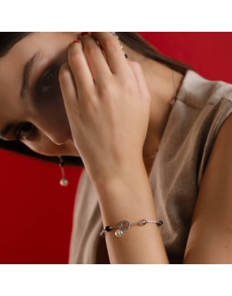 Silver Algaida bracelet with round pearl and black Murano glass